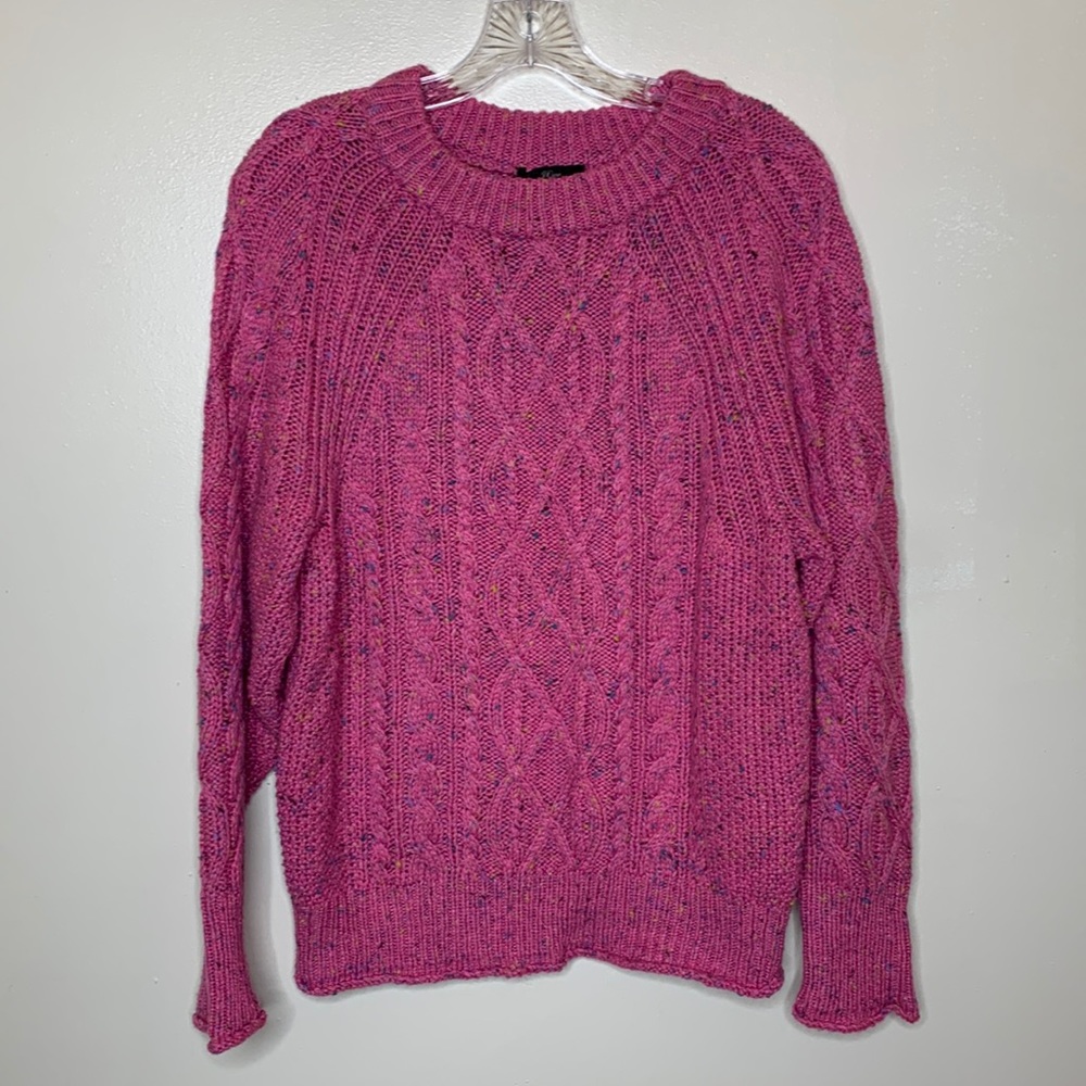 J CREW Sweater Pink DONEGAL Cable Knit Crewneck 80’s Style Fisherman K4819 Med